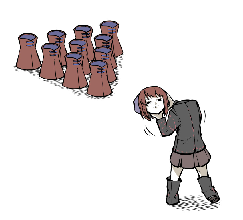 1girl bangs black_eyes black_footwear black_shirt blue_bow bow bowling bowling_pin closed_mouth disembodied_head full_body hair_bow highres holding_head long_sleeves peroponesosu. pleated_skirt red_skirt redhead sekibanki shirt short_hair simple_background skirt solo standing touhou white_background