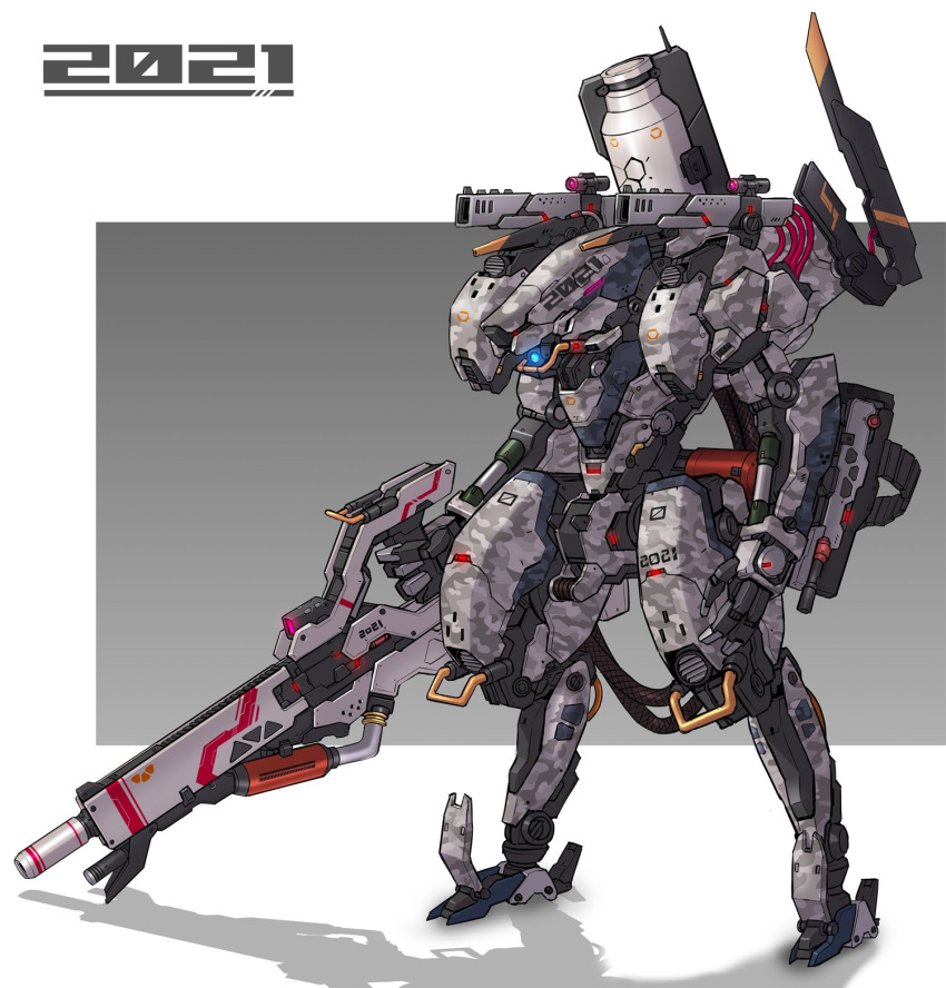 2021 blue_eyes chinese_zodiac glowing glowing_eye gun highres holding holding_gun holding_weapon horns looking_down mecha no_humans one-eyed original science_fiction shoulder_cannon solo standing tamasi weapon year_of_the_ox
