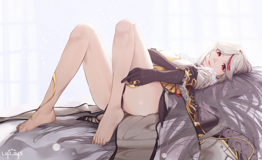 1girl absurdres bangs bare_legs barefoot bed_sheet breasts detached_sleeves dress feet frilled_sleeves frills full_body fur_trim genshin_impact gloves hair_ornament hand_on_own_arm highres large_breasts legs lips long_hair looking_at_viewer lufi_ays lying ningguang on_back parted_bangs red_eyes simple_background solo toes white_background white_dress