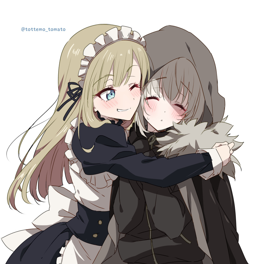 2girls ;) absurdres alternate_costume apron artist_name bangs black_cape black_dress black_gloves black_sweater blonde_hair blush cape chiri_to_mato closed_eyes closed_mouth commentary_request dress enmaided eyebrows_visible_through_hair fate_(series) frilled_apron frills fur_trim gloves gray_(lord_el-melloi_ii) grey_background grin hair_ribbon hands_up highres hood hood_up hug juliet_sleeves long_hair long_sleeves lord_el-melloi_ii_case_files maid maid_headdress multiple_girls one_eye_closed open_mouth puffy_sleeves reines_el-melloi_archisorte ribbon simple_background smile sweater waist_apron white_background
