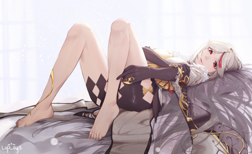 1girl absurdres bangs barefoot bed_sheet black_shorts breasts detached_sleeves dress feet frilled_sleeves frills full_body fur_trim genshin_impact gloves hair_ornament hand_on_own_arm highres large_breasts legs lips long_hair looking_at_viewer lufi_ays lying ningguang on_back parted_bangs red_eyes shorts simple_background solo toes white_background white_dress