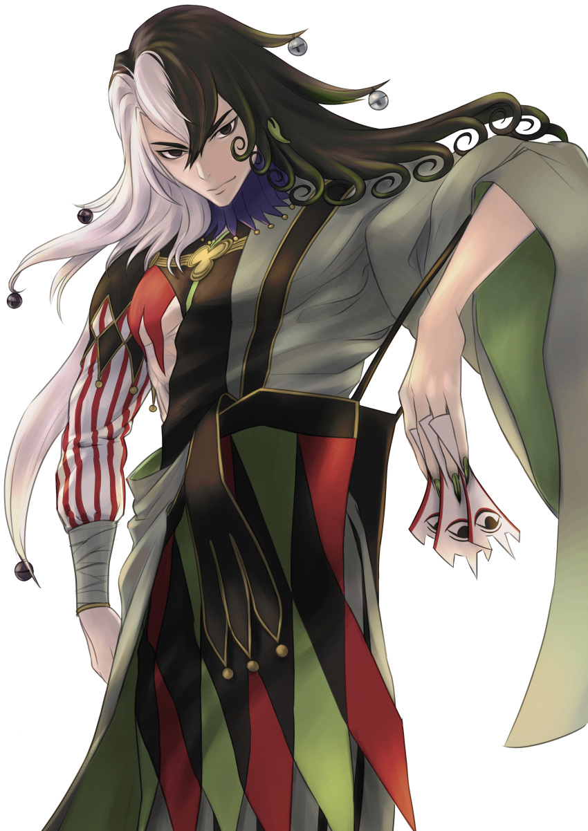 1boy absurdres ashiya_douman_(fate) asymmetrical_clothes asymmetrical_hair bell black_eyes black_hair cowboy_shot curly_hair earrings fate/grand_order fate_(series) fingernails green_kimono green_nails hair_bell hair_between_eyes hair_intakes hair_ornament highres holding japanese_clothes jewelry kimono long_hair looking_at_viewer magatama magatama_earrings male_focus multicolored_hair open_clothes open_kimono ribbed_sleeves sharp_fingernails shikigami solo t800 toned toned_male two-tone_hair very_long_fingernails very_long_hair white_background white_hair