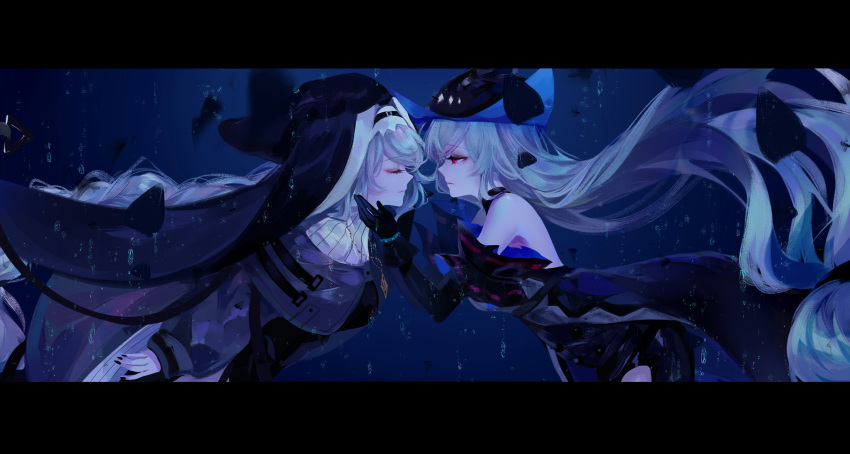2girls arknights bare_shoulders black_dress black_gloves black_nails chinese_commentary closed_eyes commentary_request dress facing_another from_side gloves habit highres letterboxed long_hair long_sleeves looking_at_another multiple_girls nail_polish profile red_eyes sheya silver_hair skadi_(arknights) specter_(arknights) very_long_hair yuri