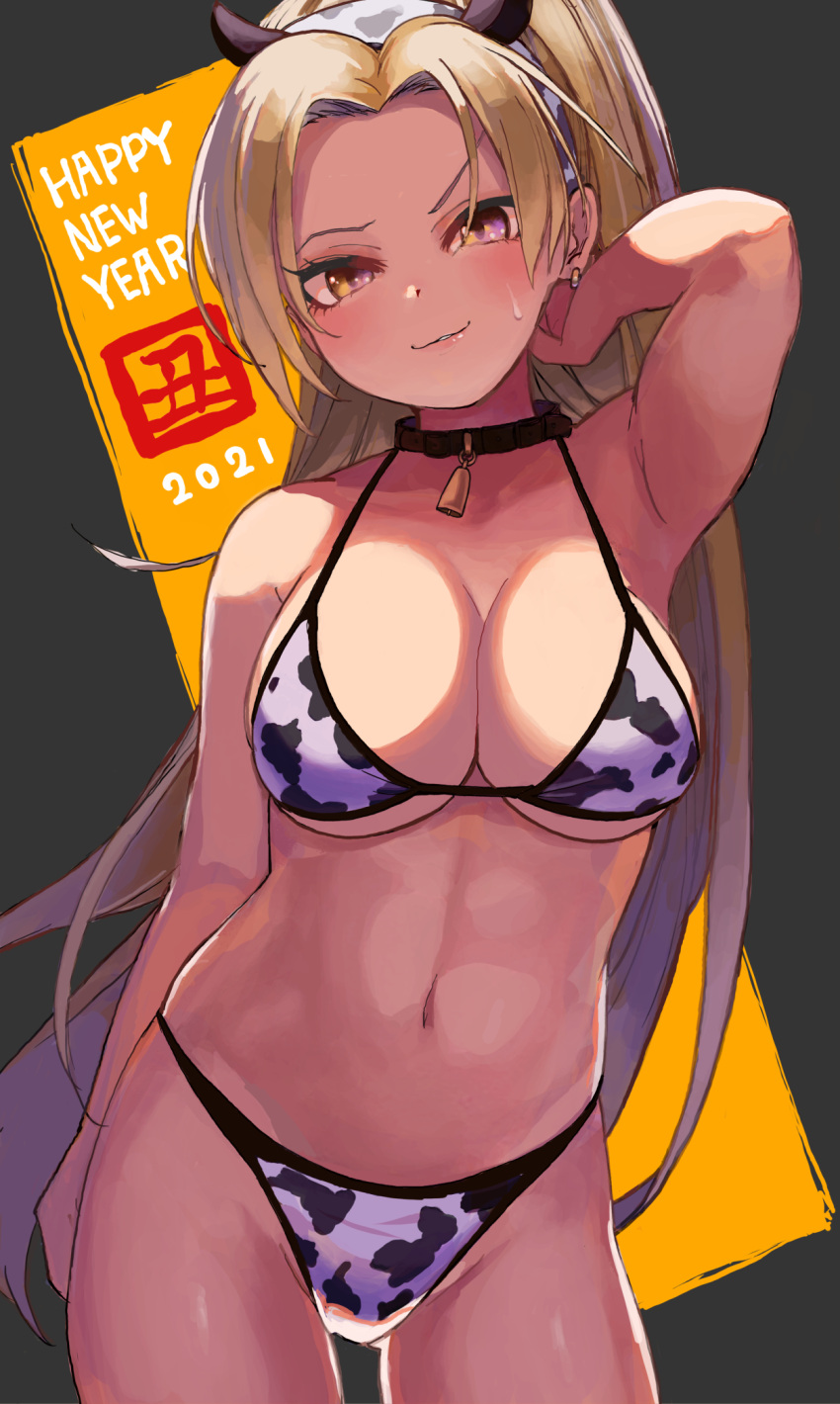 1girl 2021 animal_print armpits bell bell_collar bikini black_collar blonde_hair breasts collar commentary_request cow_horns cow_print hairband happy_new_year highres horns idolmaster idolmaster_cinderella_girls kiichirou large_breasts long_hair looking_at_viewer matsunaga_ryou navel new_year ponytail smile solo sweatdrop swimsuit thighs violet_eyes white_hairband