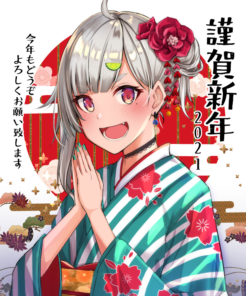 1girl :d absurdres ahoge bamboo bangs black_choker blush choker commentary_request egasumi eyebrows_visible_through_hair fang flower green_nails grey_hair hair_bun hair_flower hair_ornament hands_together hands_up hayama_marin highres japanese_clothes kimono lime_hair_ornament long_sleeves looking_at_viewer mole mole_under_eye nail_polish new_year nijisanji obi okutomi_fumi one_side_up open_mouth own_hands_together palms_together red_eyes red_flower sash short_eyebrows side_bun smile solo striped thick_eyebrows translation_request upper_body vertical-striped_kimono vertical_stripes virtual_youtuber white_background wide_sleeves