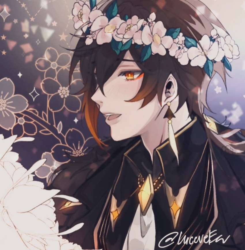 1boy bangs black_hair brown_hair collar earrings eyebrows_visible_through_hair flower flower_(symbol) formal genshin_impact hair_between_eyes hair_flower hair_ornament hair_tie head_wreath highres jacket jewelry leaf long_hair luceveea male_focus multicolored_hair one_eye_covered open_mouth single_earring smile solo suit tassel tassel_earrings white_flower yellow_eyes zhongli_(genshin_impact)