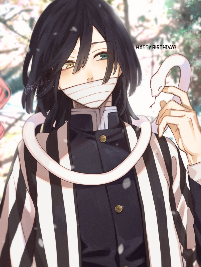 1boy animal bandages bangs black_hair black_jacket covered_mouth green_eyes hair_between_eyes hand_up haori happy_birthday heterochromia highres iguro_obanai jacket japanese_clothes kimetsu_no_yaiba long_sleeves looking_away male_focus medium_hair mog_ky outdoors snake solo striped twitter_username uniform upper_body white_snake yellow_eyes