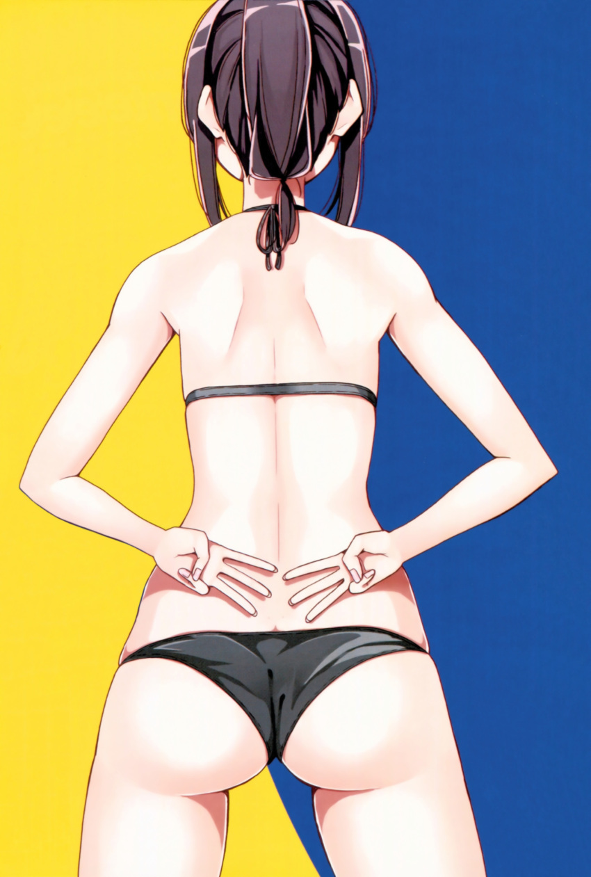 1girl arms_behind_back ass back bare_arms bare_legs bare_shoulders bikini black_bikini butt_crack facing_away fingernails harukana_receive highres legs_apart nape official_art open_hand orange_hair ponytail scan shoulder_blades sidelocks simple_background skindentation solo standing swimsuit thighs tooi_narumi v