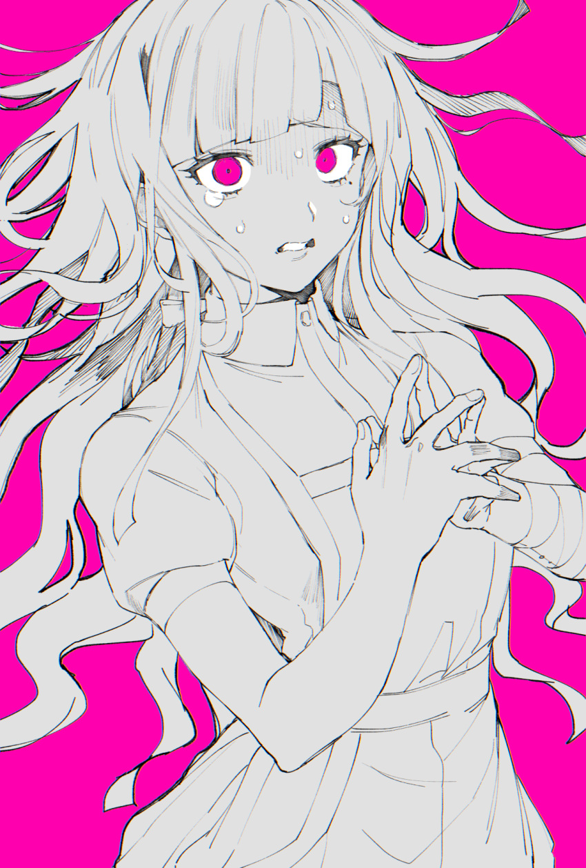 1girl apron bandages bangs commentary_request crying crying_with_eyes_open dangan_ronpa_(series) dangan_ronpa_2:_goodbye_despair floating_hair highres limited_palette long_hair looking_at_viewer messy_hair mole mole_under_eye monochrome nurse own_hands_together pink_background pink_eyes puffy_short_sleeves puffy_sleeves shaded_face short_sleeves simple_background solo suzumetarou tears teeth tsumiki_mikan