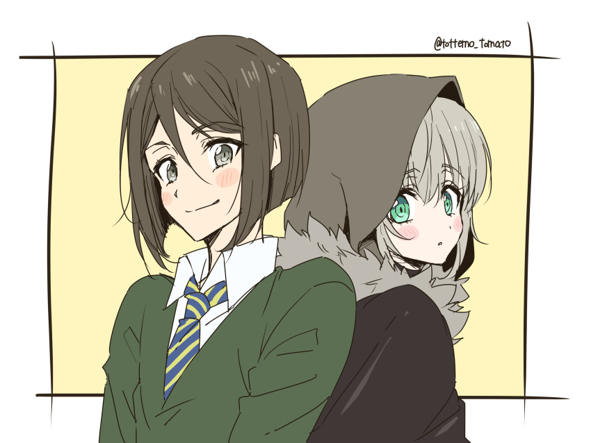 1boy 1girl back-to-back bangs black_cape blush blush_stickers brown_hair cape chiri_to_mato closed_mouth collared_shirt commentary_request fate_(series) fur-trimmed_cape fur_trim gray_(lord_el-melloi_ii) green_eyes green_sweater grey_hair hair_between_eyes highres hood hood_up looking_at_viewer lord_el-melloi_ii_case_files necktie shirt short_hair smile striped striped_neckwear sweater twitter_username upper_body waver_velvet white_background yellow_background
