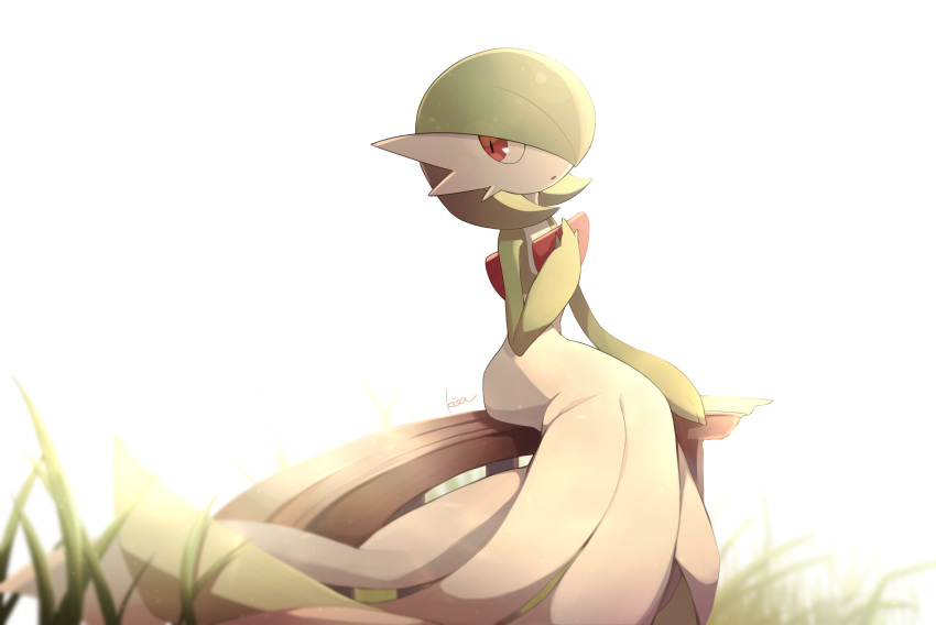 :o absurdres blurry commentary_request gardevoir gen_3_pokemon grass hand_up highres kisa_(kisa-kisa5900) pokemon pokemon_(creature) red_eyes sideways_glance signature solo