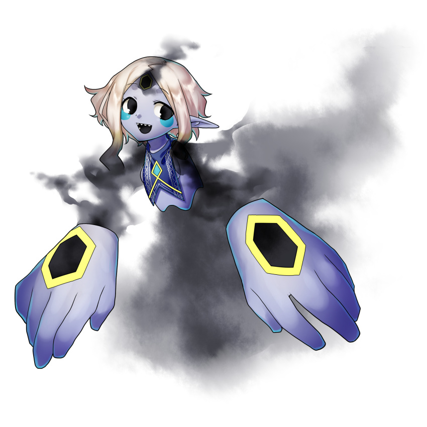 1girl :d bisected black_eyes black_tongue blonde_hair colored_skin commentary_request detached_arm disembodied_torso full_body highres looking_at_viewer meltyhip monster_girl open_mouth original pointy_ears purple_skin sharp_teeth smile smoke solo teeth upper_teeth white_background