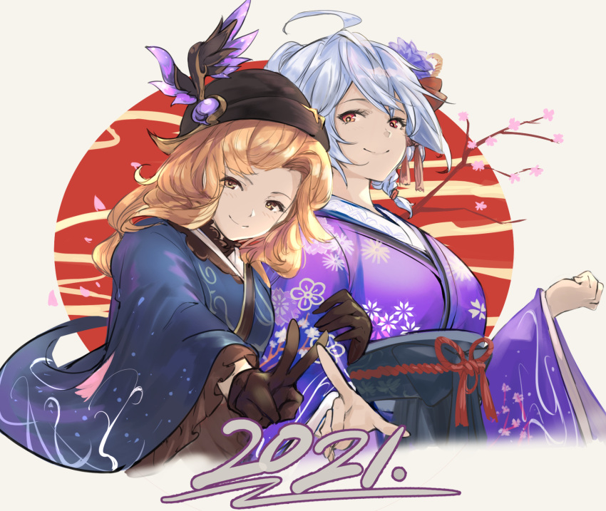 2021 2girls ahoge arm_hug black_gloves black_headwear blonde_hair blue_kimono blush brown_eyes closed_mouth commentary_request cropped_torso floral_print frilled_sleeves frills gloves granblue_fantasy hat_ornament highres index_finger_raised japanese_clothes kimono long_hair long_sleeves looking_at_viewer multiple_girls nos print_kimono purple_kimono red_eyes red_ribbon ribbon silva_(granblue_fantasy) silver_hair smile song_(granblue_fantasy) tassel upper_body v wide_sleeves