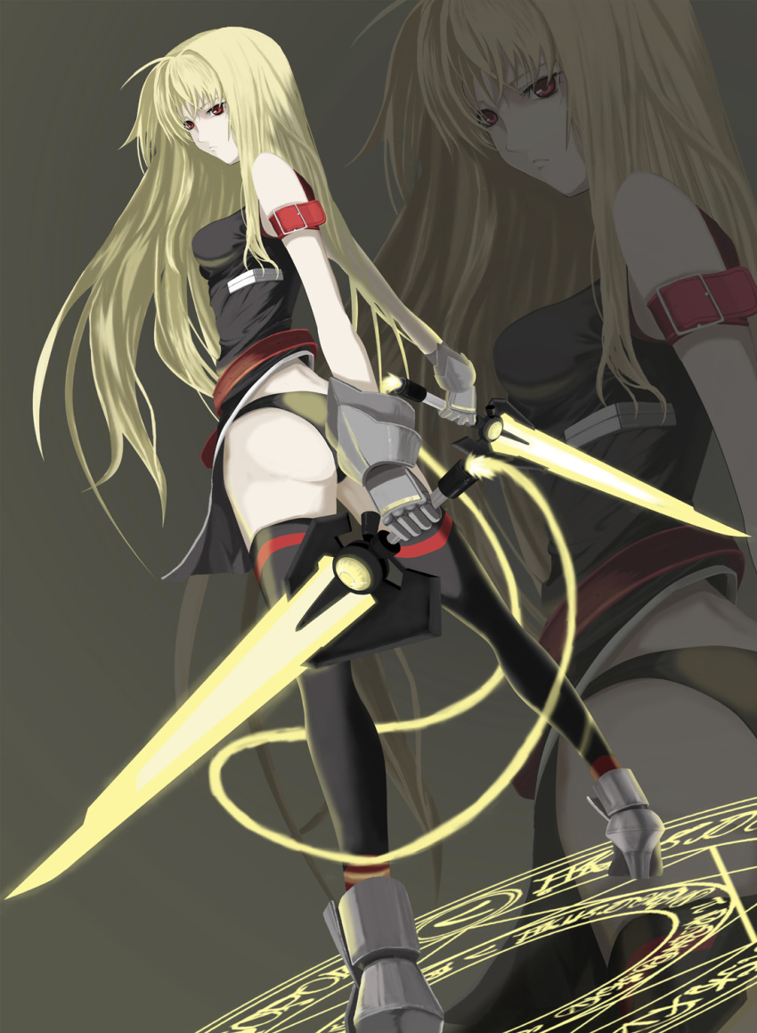 1girl armored_boots ass bardiche black_panties blonde_hair boots breasts dutch_angle expressionless fate_testarossa from_side frown gauntlets grey_background highres long_hair lyrical_nanoha magic_circle mahou_shoujo_lyrical_nanoha_strikers medium_breasts panties red_eyes simon_(n.s_craft) solo thigh-highs thighs underwear very_long_hair zoom_layer