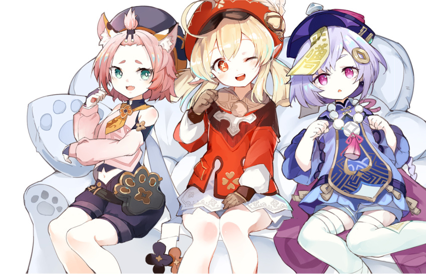 3girls ;d ahoge animal_ears bag bare_shoulders bead_necklace beads blonde_hair braid braided_ponytail cabbie_hat cat_ears couch detached_sleeves diona_(genshin_impact) dress genshin_impact gloves hair_ornament hat jewelry jiangshi klee_(genshin_impact) long_sleeves looking_at_viewer mitu_yang multiple_girls necklace one_eye_closed open_mouth paw_print pointy_ears purple_hair qiqi red_eyes shorts sitting smile symbol-shaped_pupils thigh-highs tied_hair twintails violet_eyes