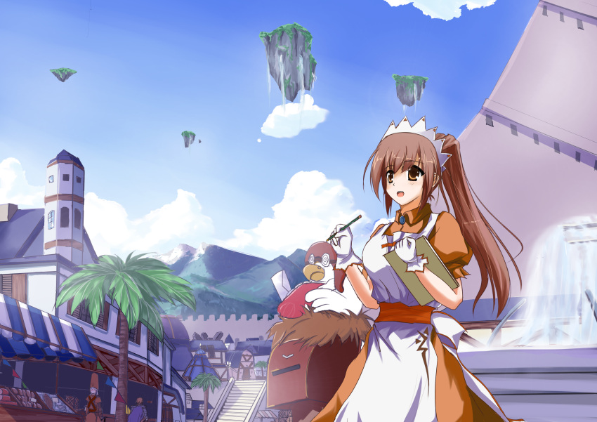 1boy 2girls absurdres apron armor bangs bird bird_nest blossom_(ragnarok_online) blue_cape blush brown_dress brown_hair building cape city clipboard clouds collared_dress commentary_request cowboy_shot day dress eyebrows_visible_through_hair floating_island fountain full_body gloves hair_between_eyes high_ponytail highres holding holding_clipboard holding_pencil house kafra_uniform long_hair looking_to_the_side maid maid_headdress mailbox_(incoming_mail) market mountain multiple_girls open_mouth outdoors painttool_sai_(medium) paladin_(ragnarok_online) palm_tree pauldrons pencil puffy_short_sleeves puffy_sleeves ragnarok_online red_sash sash short_sleeves shoulder_armor sky solo_focus stairs standing tianyu_jifeng tree water waterfall white_apron white_gloves