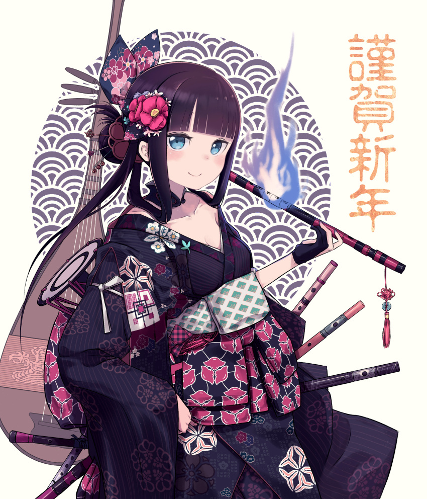 1girl absurdres bangs blue_eyes blue_fire blunt_bangs blush breasts daisi_gi fate/grand_order fate_(series) fire flute highres instrument japanese_clothes kimono long_hair long_sleeves looking_at_viewer medium_breasts obi off_shoulder pipa_(instrument) purple_hair sash sidelocks smile very_long_hair wide_sleeves yang_guifei_(fate/grand_order)