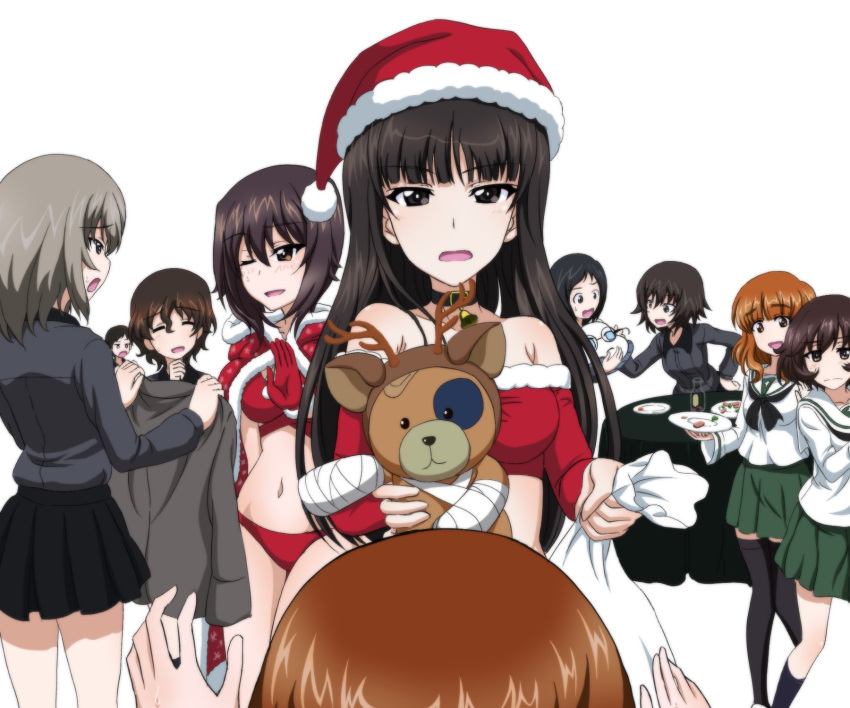 6+girls akaboshi_koume akiyama_yukari animal_costume bangs bikini black_eyes black_hair black_skirt blue_eyes blunt_bangs boko_(girls_und_panzer) brown_eyes brown_hair cape christmas closed_eyes closed_mouth commentary_request crop_top dress_shirt extra eyebrows_visible_through_hair frown fur-trimmed_cape fur-trimmed_shirt fur_trim girls_und_panzer girls_und_panzer_senshadou_daisakusen! grey_shirt hand_on_hip hat highres holding holding_clothes holding_plate holding_sack holding_shirt holding_stuffed_toy itsumi_erika key_(gaigaigai123) kuromorimine_school_uniform long_hair long_sleeves looking_at_another looking_at_viewer mauko_(girls_und_panzer) medium_hair messy_hair miniskirt mother_and_daughter multiple_girls navel nishizumi_maho nishizumi_miho nishizumi_shiho off-shoulder_shirt off_shoulder offering one_eye_closed ooarai_school_uniform orange_eyes orange_hair plate pleated_skirt pov red_cape red_headwear red_shirt reindeer_costume sack santa_bikini santa_costume santa_hat school_uniform shirt short_hair siblings silver_hair simple_background sisters skirt smile straight_hair stuffed_animal stuffed_toy sweatdrop swimsuit table takebe_saori teddy_bear thigh-highs very_short_hair waving wavy_hair white_background wing_collar yawaraka_sensha