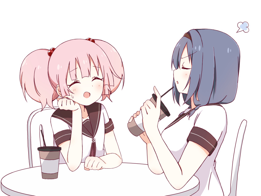 2girls :d :o =3 ^_^ bangs black_hairband blue_hair blush braid breasts brown_sailor_collar chair closed_eyes commentary_request cup disposable_cup drinking_straw eyebrows_visible_through_hair frown furutani_himawari hair_bobbles hair_ornament hairband hand_on_own_chin hand_up highres holding holding_cup index_finger_raised large_breasts long_hair medium_hair mesushio multiple_girls nanamori_school_uniform on_chair open_mouth pink_hair sailor_collar school_uniform serafuku shirt short_hair short_sleeves simple_background sitting smile sweatdrop table twin_braids twintails white_background white_shirt yoshikawa_chinatsu yuru_yuri