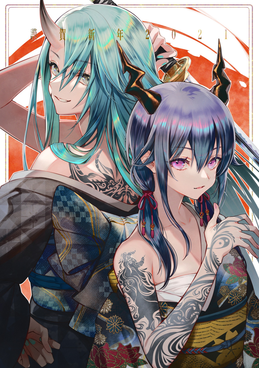 2girls absurdres arknights bandages bangs bare_shoulders blue_hair ch'en_(arknights) commentary_request dragon_horns eyebrows_visible_through_hair green_hair grey_eyes grin hair_ribbon hand_up highres horns hoshiguma_(arknights) japanese_clothes kimono long_hair looking_at_viewer multiple_girls off_shoulder pink_eyes red_ribbon ribbon sanbabasanba sarashi single_horn smile tattoo upper_body