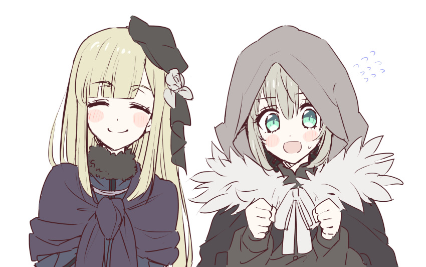 2girls :d bangs black_cape black_capelet black_headwear black_ribbon blonde_hair blush blush_stickers cape capelet chiri_to_mato clenched_hands closed_eyes closed_mouth commentary_request eyebrows_visible_through_hair facing_viewer fate_(series) flying_sweatdrops fur_collar fur_trim gray_(lord_el-melloi_ii) green_eyes grey_hair hair_between_eyes hair_ornament hair_ribbon hands_up hat highres hood hood_up jacket long_hair long_sleeves lord_el-melloi_ii_case_files multiple_girls open_mouth reines_el-melloi_archisorte ribbon simple_background sketch smile sweatdrop upper_body white_background