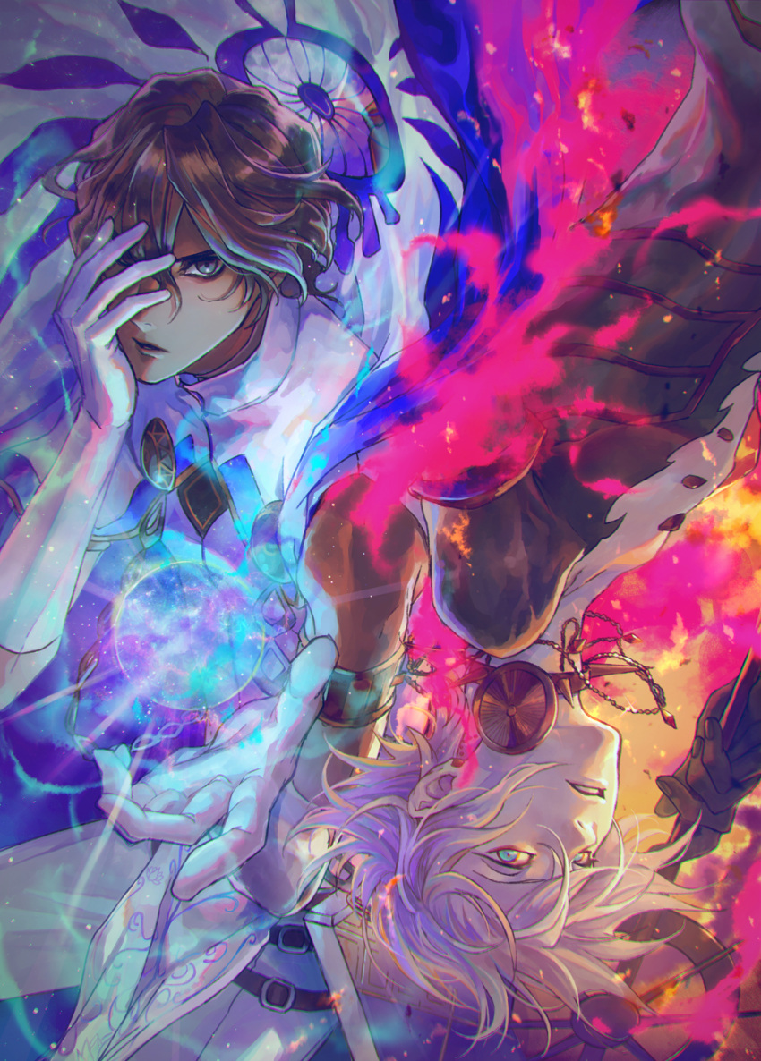 2boys arjuna_(fate/grand_order) armor bangs black_eyes black_hair blue_eyes brown_hair collar covering_face dark_skin dark_skinned_male fate/grand_order fate_(series) fur_collar gloves glowing hair_between_eyes highres jewelry karna_(fate) long_hair long_sleeves looking_at_viewer male_focus moru_moru_moru multiple_boys outstretched_arm pale_skin short_hair spiked_collar spikes white_gloves white_hair