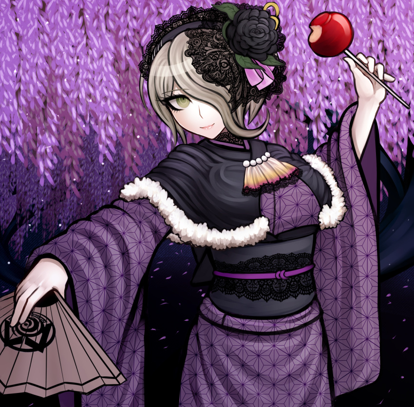 1girl alternate_costume bangs black_flower black_rose candy_apple commentary cowboy_shot dangan_ronpa_(series) dangan_ronpa_v3:_killing_harmony fan flower folding_fan food fur_trim hair_flower hair_ornament hair_over_one_eye highres holding japanese_clothes kimono ktokei_(kurokku-tokei) long_sleeves looking_at_viewer makeup official_style pink_ribbon ribbon rose short_hair smile solo toujou_kirumi wide_sleeves wisteria