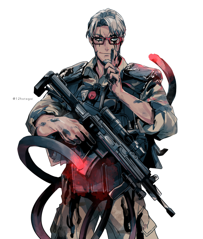 1boy apex_legends arurandis facial_hair glasses goatee grey_hair gun highres holding holostars hotate_rayan looking_at_viewer male_focus open_mouth short_hair smile virtual_youtuber weapon