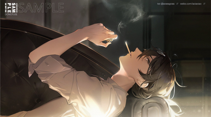 1boy aoseagrass bangs black_hair cigarette couch eyewear_on_head from_side glasses highres holding indoors lighter lying male_focus mouth_hold original profile sample shirt smoke smoking solo twitter_username upper_body weibo_username white_shirt