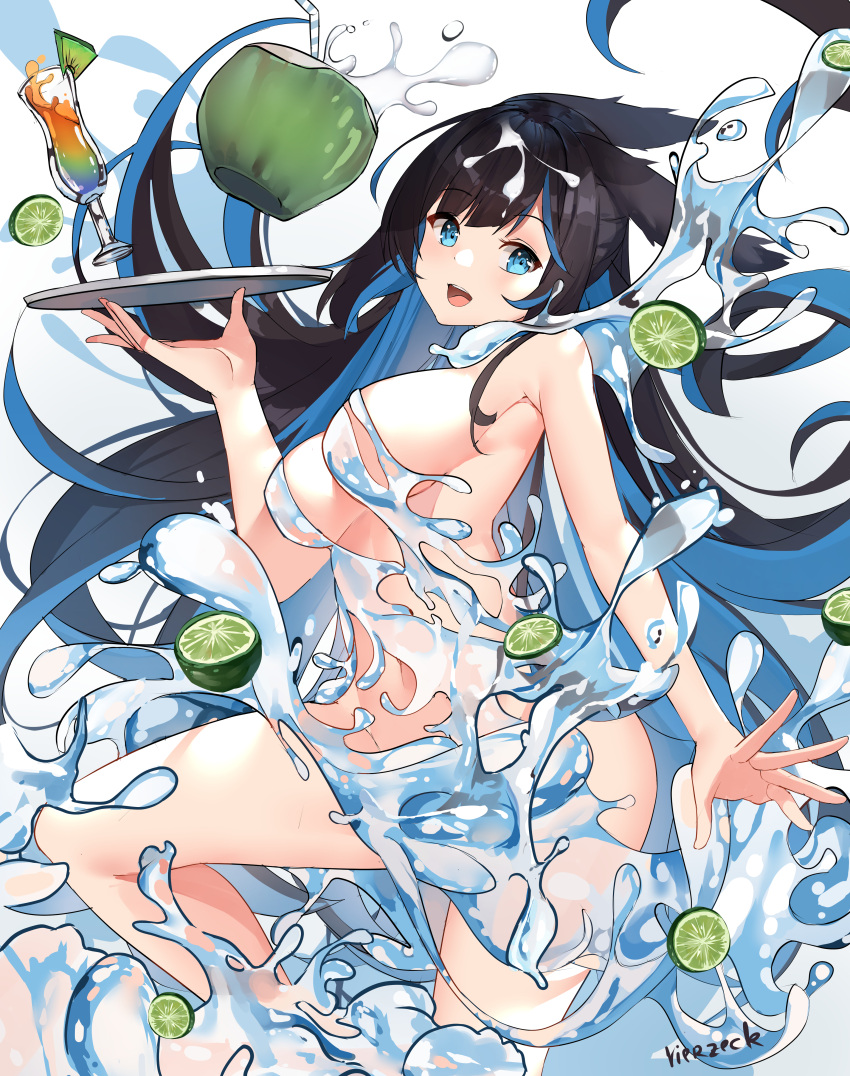 1girl :d absurdres animal_ears artist_name bangs bare_arms bare_shoulders black_hair blue_eyes blue_hair breasts coconut cup drinking_glass eyebrows_visible_through_hair food fruit highres holding holding_tray hydrokinesis large_breasts leg_up lime_(fruit) liquid_clothes long_hair looking_at_viewer navel open_mouth original revealing_clothes simple_background smile solo standing standing_on_one_leg tray very_long_hair vierzeck water white_background