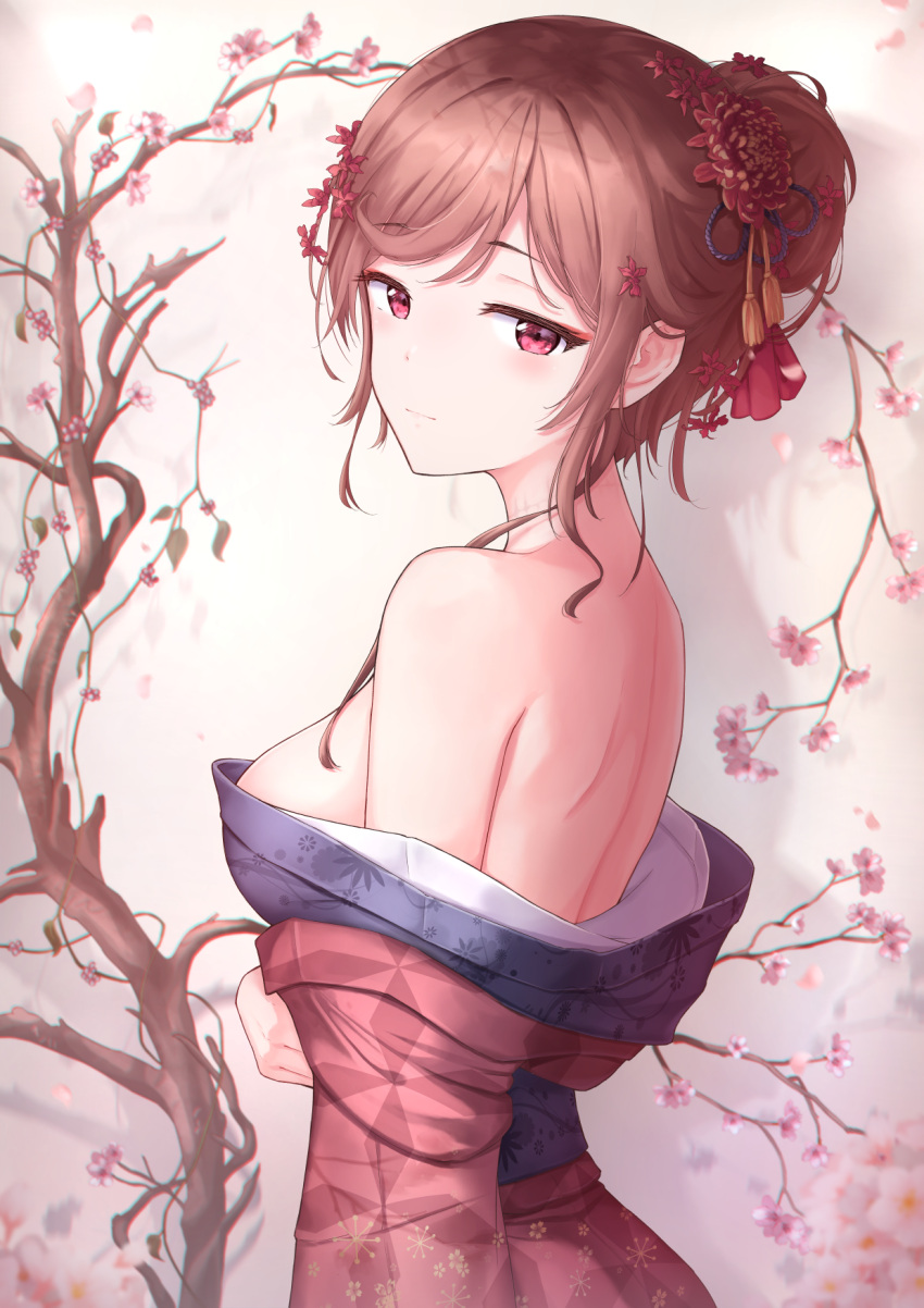 1girl bare_shoulders blush breasts brown_hair closed_mouth commentary english_commentary flower from_side hair_bun hair_flower hair_ornament highres japanese_clothes kimono kimono_pull long_sleeves looking_at_viewer looking_to_the_side marinesnow medium_breasts off_shoulder patterned_clothing red_eyes red_flower red_kimono short_hair shoulder_blades sideboob smile solo tassel tree upper_teeth yuugiri_(zombie_land_saga) zombie_land_saga