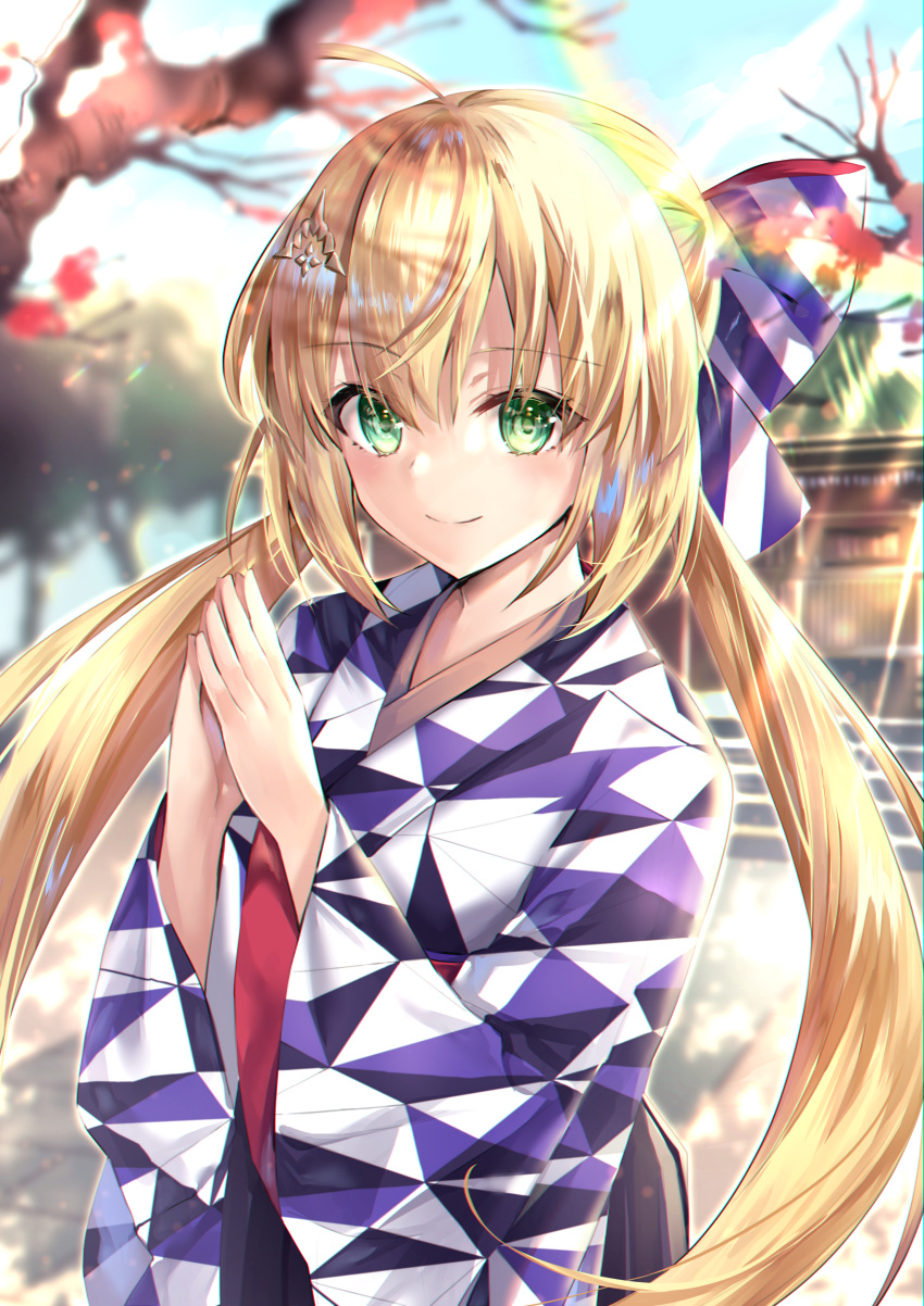 1girl absurdres artoria_pendragon_(all) artoria_pendragon_(caster) bangs blonde_hair blush breasts fate/grand_order fate_(series) green_eyes hane_yuki highres huge_filesize japanese_clothes kimono long_hair long_sleeves looking_at_viewer shrine smile twintails wide_sleeves