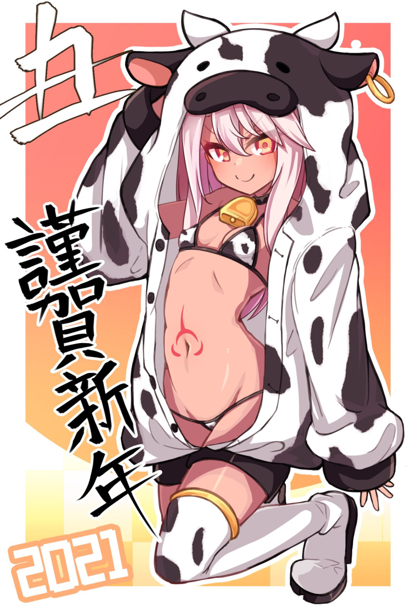 1girl 2021 animal_print bell bell_collar bikini black_collar boots breasts chawan_(yultutari) chloe_von_einzbern collar commentary_request cow_hood cow_horns cow_print dark_skin dark-skinned_female eyebrows_visible_through_hair fate/kaleid_liner_prisma_illya fate_(series) full_body hair_between_eyes hand_up highres hood hooded_jacket horns jacket long_hair long_sleeves looking_at_viewer navel pink_hair small_breasts smile solo stomach_tattoo swimsuit tattoo thigh-highs thigh_boots translation_request white_footwear white_jacket white_legwear yellow_eyes