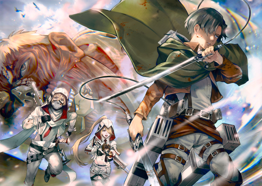 1girl 2boys absurdres belt black_hair blonde_hair blood blood_on_face bloody_clothes cape character_request crossover green_cape gun hair_between_eyes hair_over_one_eye highres holding holding_gun holding_weapon jacket knives_out kyuuba_melo levi_(shingeki_no_kyojin) long_hair mask mouth_mask multiple_boys open_mouth paradis_military_uniform ponytail running shingeki_no_kyojin short_hair standing three-dimensional_maneuver_gear titan_(shingeki_no_kyojin) weapon