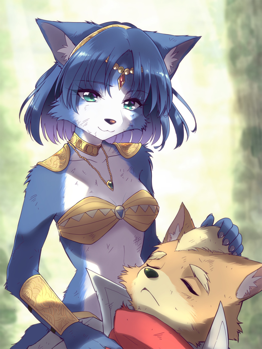 1boy 1girl :3 animal_ear_fluff animal_ears animal_nose aqua_eyes armor bandana bandeau bangs bare_shoulders blonde_hair blue_fur blue_hair blurry blurry_background body_fur breasts brown_fur choker circlet closed_eyes closed_mouth collarbone commentary_request crystal day emerald_(gemstone) eyebrows_visible_through_hair fox_boy fox_ears fox_girl fox_mccloud fox_tail furry gem green_background hairband hand_on_another's_head happy high_collar highres jacket jewelry krystal lap_pillow looking_at_another looking_down namagaki_yukina necklace open_clothes open_jacket outdoors parted_lips ruby_(gemstone) scratches shiny shiny_hair short_hair shoulder_armor small_breasts smile snout solo_focus star_fox tail tribal two-tone_fur upper_body vambraces white_fur white_jacket yellow_choker yellow_fur yellow_hairband