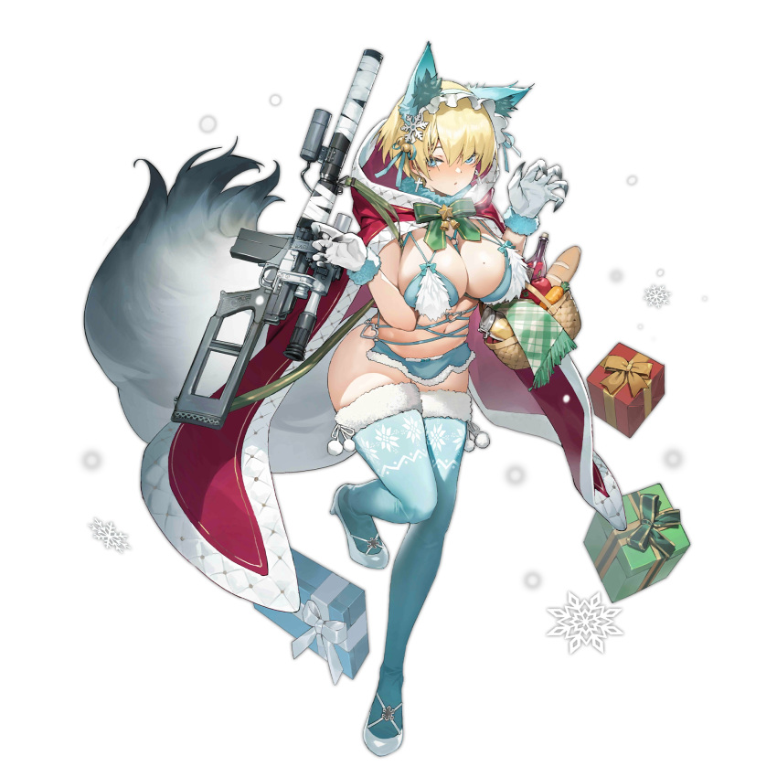 1girl animal_ears apple basket bell blonde_hair blue_eyes blue_legwear bread breasts breath carrot claw_pose cloak cross cross_earrings earrings fake_animal_ears food fruit full_body fur_trim girls_frontline gloves gun hair_bell hair_ornament hairband heart_ring high_heels highres hood hooded_cloak hoodie jewelry jingle_bell large_breasts lolita_hairband looking_at_viewer microskirt mole mole_on_breast mole_under_eye navel official_alternate_costume official_art pom_pom_(clothes) revealing_clothes short_hair siqi_(miharuu) skirt snowflake_hair_ornament solo standing standing_on_one_leg tail thigh-highs transparent_background vsk-94_(girls_frontline) weapon white_gloves