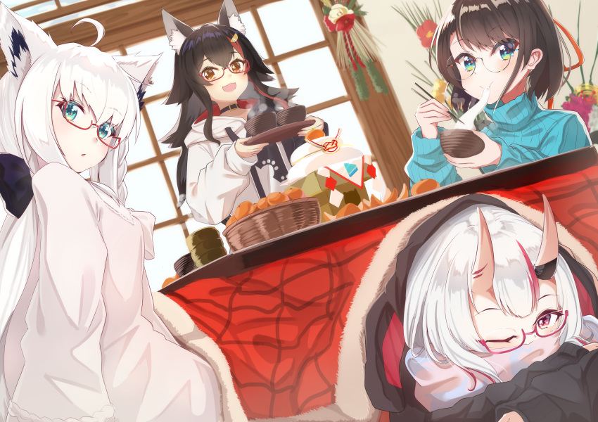 4girls absurdres animal_ear_fluff animal_ears bangs black_hair borumete bow bowl braid brown_hair chopsticks commentary_request cup eating eyebrows_visible_through_hair fams_(group) fox_ears fox_girl glasses green_eyes green_sweater hair_between_eyes hair_bow highres holding holding_bowl holding_chopsticks holding_plate hololive hood hoodie horns huge_filesize indoors kotatsu long_hair looking_at_viewer lying multicolored_hair multiple_girls nakiri_ayame on_stomach oni_horns ookami_mio oozora_subaru paw_print plate red_eyes redhead shirakami_fubuki shirt short_hair sidelocks single_braid sweater table two-tone_hair under_kotatsu under_table virtual_youtuber white_hair white_hoodie white_shirt wolf_ears wolf_girl yellow_eyes yunomi