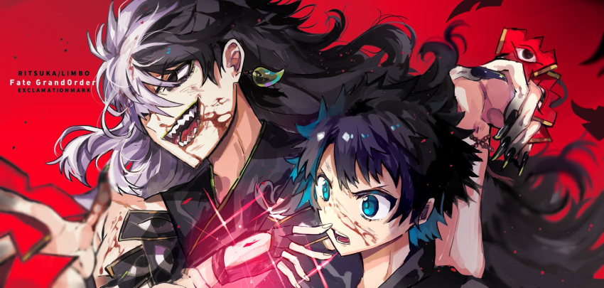 2boys alternate_hairstyle ashiya_douman_(fate) asymmetrical_hair bell bishounen black_eyes black_hair black_nails blood blood_from_mouth blood_on_face blue_eyes blurry_foreground command_spell curly_hair earrings fate/grand_order fate_(series) fighting_stance fingernails from_side fujimaru_ritsuka_(male) green_eyeshadow green_lipstick hair_bell hair_between_eyes hair_intakes hair_ornament heterochromia highres jewelry kyouka_(exclamationmark) lipstick long_hair looking_to_the_side magatama magatama_earrings makeup male_focus multicolored_hair multiple_boys nosebleed official_alternate_costume sharp_fingernails shikigami toned toned_male two-tone_hair very_long_fingernails very_long_hair white_hair