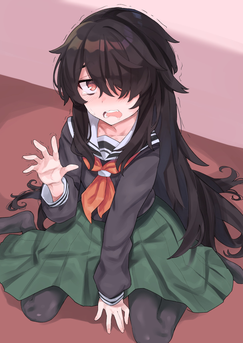 1girl absurdres black_hair black_serafuku commentary_request commission green_skirt hair_over_one_eye highres long_hair long_sleeves looking_at_viewer neckerchief orange_neckwear original pantyhose saliva school_uniform serafuku sitting skeb_commission skirt solo sutora_binsuke tears trembling very_long_hair yokozuwari