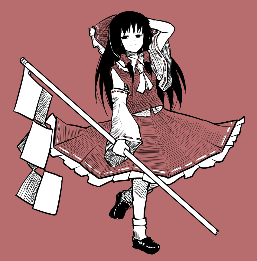 1girl ascot bangs black_footwear black_hair bobby_socks bow closed_mouth detached_sleeves frilled_bow frilled_skirt frills gohei hair_bow hair_tubes hakurei_reimu hand_in_hair highres holding leg_up long_hair looking_at_viewer nontraditional_miko peroponesosu. red_background red_bow red_ribbon red_shirt red_skirt ribbon ribbon-trimmed_skirt ribbon-trimmed_sleeves ribbon_trim shide shirt simple_background skirt socks solo touhou white_legwear white_neckwear white_ribbon wide_sleeves