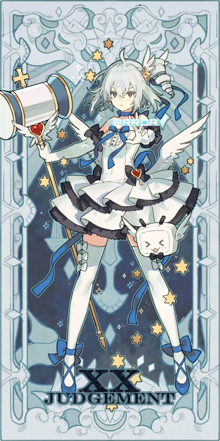 1girl absurdres ahoge aqua_hair bangs bili_girl_33 bilibili_douga flat_chest full_body hair_ornament highres judgement_(tarot) short_hair solo standing tarot