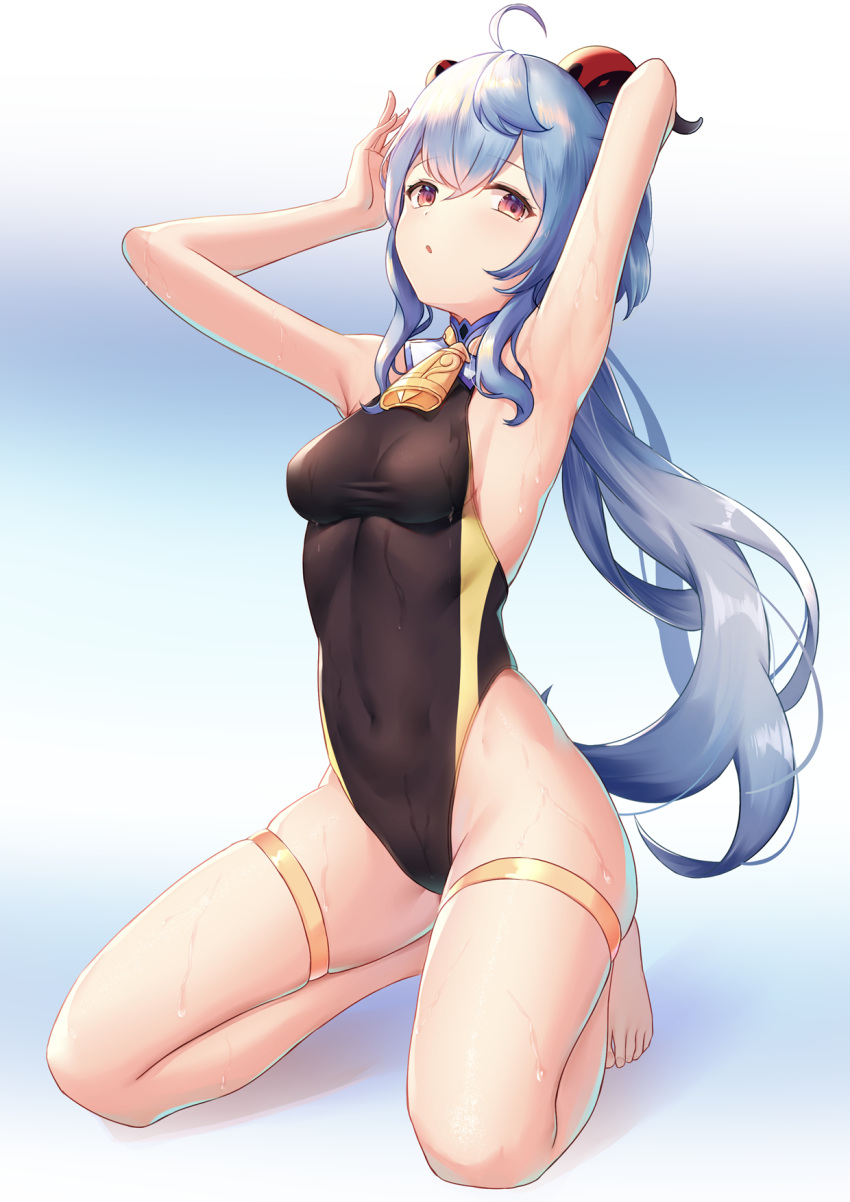 1girl ahoge airool armpits arms_up bare_arms bare_shoulders barefoot black_swimsuit blue_hair breasts competition_swimsuit covered_navel ganyu_(genshin_impact) genshin_impact goat_horns highleg highleg_swimsuit highres horns kneeling long_hair looking_at_viewer low_ponytail medium_breasts one-piece_swimsuit orange_eyes parted_lips skindentation solo swimsuit taut_clothes taut_swimsuit thigh_strap thighs wet wet_clothes wet_swimsuit