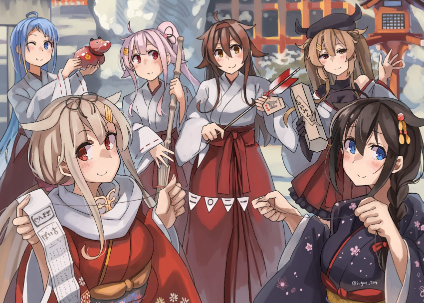 6+girls ahoge arrow_(projectile) black_headwear black_kimono black_ribbon blonde_hair blue_eyes blue_hair blush braid broom brown_eyes brown_hair ema eyebrows_visible_through_hair floral_print hair_between_eyes hair_flaps hair_ornament hair_ribbon hairband hairclip hakama hamaya harusame_(kantai_collection) japanese_clothes kantai_collection kimono light_brown_hair long_hair long_sleeves miko multiple_girls murasame_(kantai_collection) obi omikuji one_eye_closed pink_hair print_kimono red_eyes red_hairband red_hakama red_kimono remodel_(kantai_collection) ribbon samidare_(kantai_collection) sash shigure_(kantai_collection) shiratsuyu_(kantai_collection) side_ponytail single_braid smile sugue_tettou twintails twitter_username wide_sleeves yuudachi_(kantai_collection)