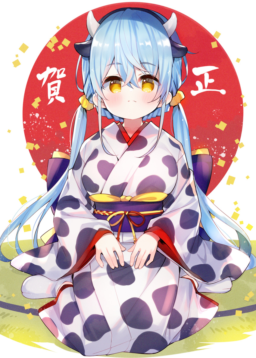 1girl animal_ears animal_print bangs black_hairband blue_hair blush breasts chinese_zodiac closed_mouth commentary cow_ears cow_girl cow_horns cow_print eyebrows_visible_through_hair hair_between_eyes hair_ornament hair_scrunchie hairband highres horns japanese_clothes kimono long_hair long_sleeves looking_at_viewer low_twintails medium_breasts meito_(maze) obi original print_kimono sash scrunchie sitting sleeves_past_wrists socks solo translation_request twintails very_long_hair wariza white_kimono white_legwear wide_sleeves year_of_the_ox yellow_eyes yellow_scrunchie