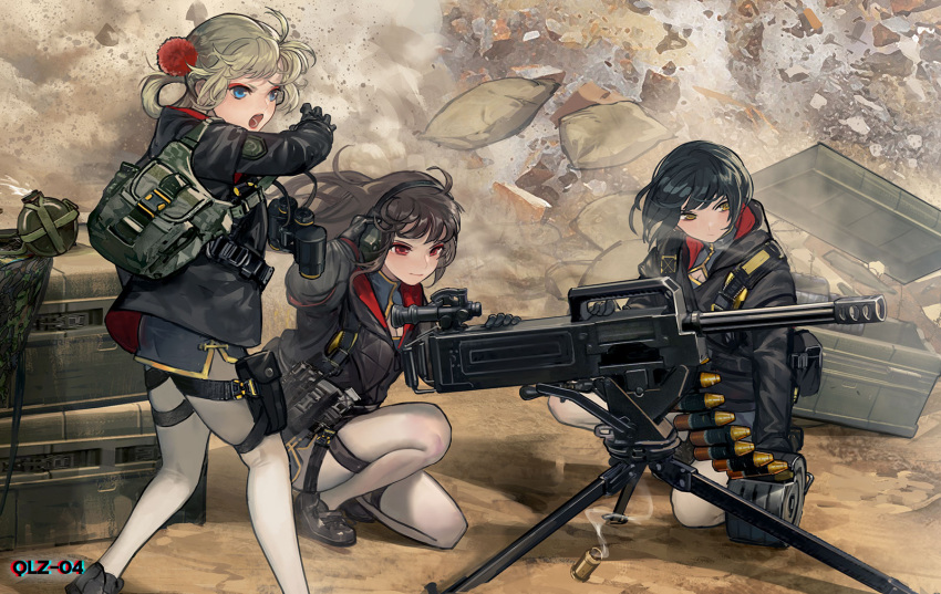 3girls ammunition_belt backless_outfit binoculars blue_eyes boots bun_cover character_name chinese_clothes combat_boots commentary dress girls_frontline gloves grenade_launcher hair_rings harness high_collar highres multi-tied_hair multiple_girls official_art pouch print_dress qlz-04 qlz-04_(girls_frontline) red_eyes scope tripod weapon yellow_eyes