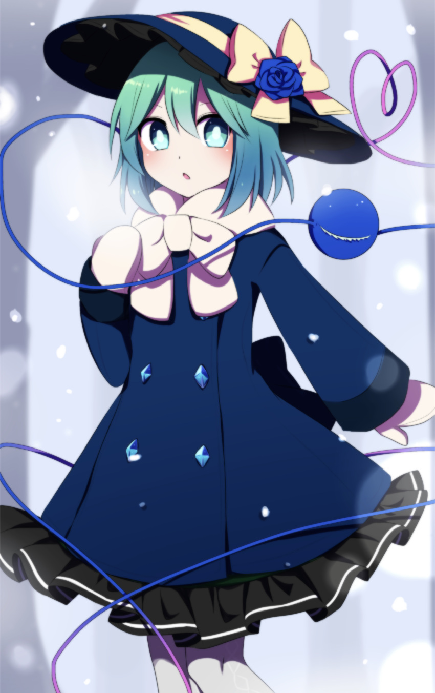 1girl absurdres alternate_costume bangs black_coat black_headwear blue_flower blue_rose bow breath bright_pupils coat cowboy_shot flower gloves green_eyes green_hair hair_between_eyes hat hat_bow hat_flower heart heart_of_string highres jacket komeiji_koishi long_hair looking_at_viewer open_mouth outdoors rose snowing solo standing third_eye touhou tree white_gloves winter_clothes yellow_bow you_(noanoamoemoe)