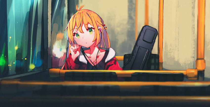 1girl beads blonde_hair bus bus_interior cable cio_hakatano collarbone commentary earphones green_eyes ground_vehicle guitar_case hair_beads hair_ornament highres hood hoodie instrument_case long_hair motor_vehicle night red_hoodie sitting tsurumaki_maki upper_body voiceroid window