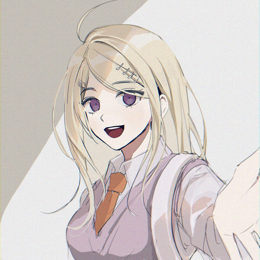 1girl :d ahoge akamatsu_kaede backpack bag bangs blonde_hair breasts collared_shirt commentary_request dangan_ronpa_(series) dangan_ronpa_v3:_killing_harmony eyebrows_visible_through_hair gatobau grey_background hair_ornament hand_up highres long_hair long_sleeves looking_at_viewer musical_note musical_note_hair_ornament necktie open_mouth orange_neckwear school_uniform shirt skirt smile solo sweater_vest swept_bangs two-tone_background upper_body violet_eyes white_shirt