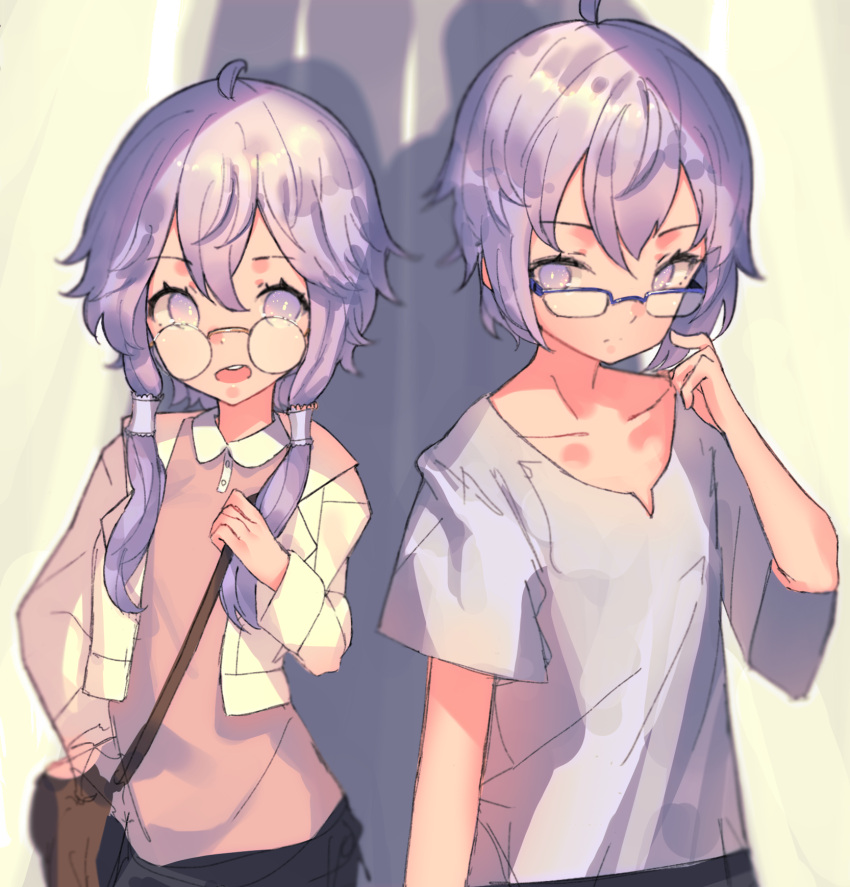 1boy 1girl bag bespectacled brother_and_sister cio_hakatano collarbone commentary glasses highres jacket looking_at_another pink_shirt purple_hair shirt short_hair_with_long_locks short_sleeves shoulder_bag siblings sidelocks sketch spread_legs twins upper_body violet_eyes vocaloid voiceroid white_jacket white_shirt yuzuki_yukari yuzuki_yukari's_younger_twin_brother