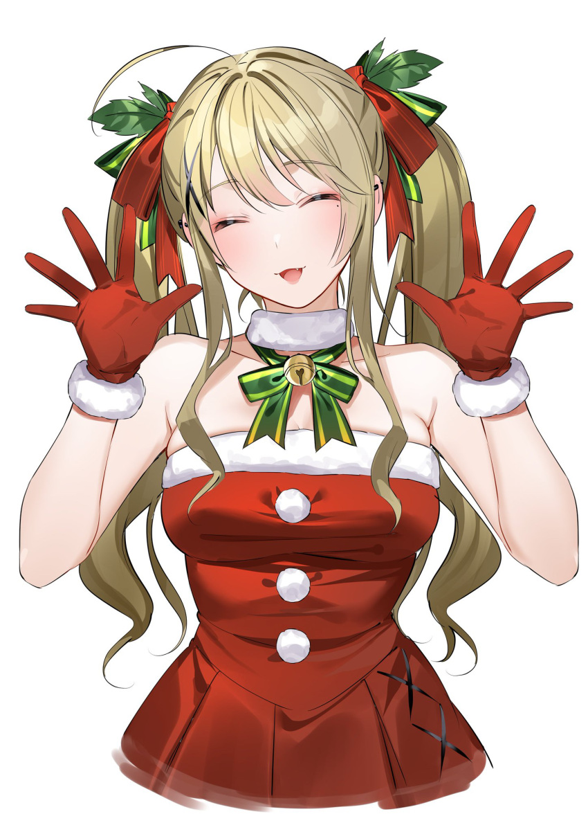 1girl ^_^ ahoge bangs bell blonde_hair blush breasts christmas closed_eyes collarbone commentary_request cropped_torso detached_collar dress ear_piercing eyebrows_visible_through_hair facing_viewer fang fur_collar fur_trim gloves green_neckwear green_ribbon hair_ornament hair_ribbon hands_up head_tilt highres jingle_bell large_breasts long_hair mole mole_under_eye neck_ribbon open_hands original piercing pom_pom_(clothes) red_dress red_gloves red_ribbon ribbon santa_dress sidelocks simple_background solo strapless strapless_dress twintails upper_body white_background x_hair_ornament xretakex |d